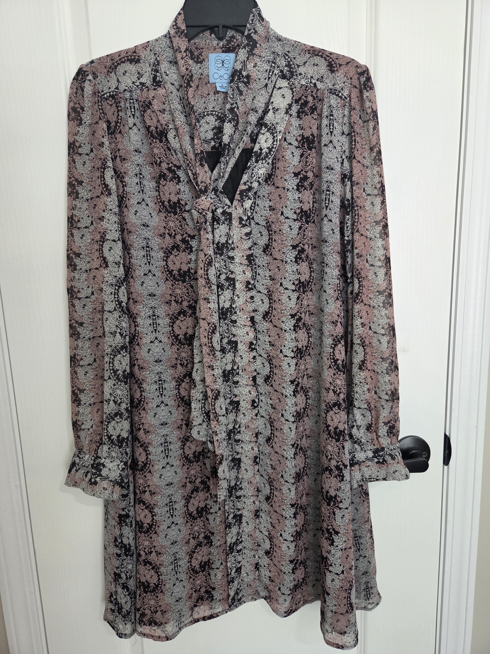 CeCe Black and Blush Paisley Tie-Neck Long Sleeve Dress
